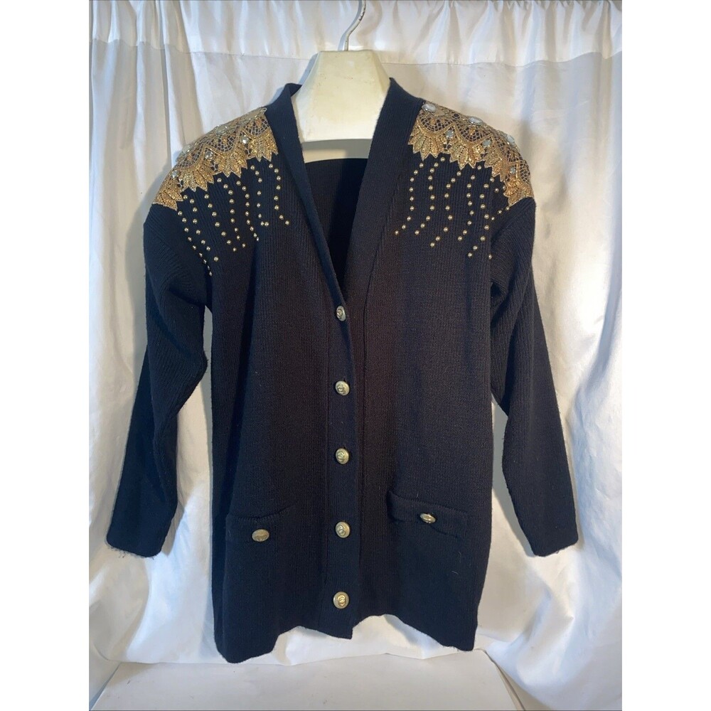 Vintage  80s USA gold Black rhinestone jeweled studded cardigan Button Rodeo